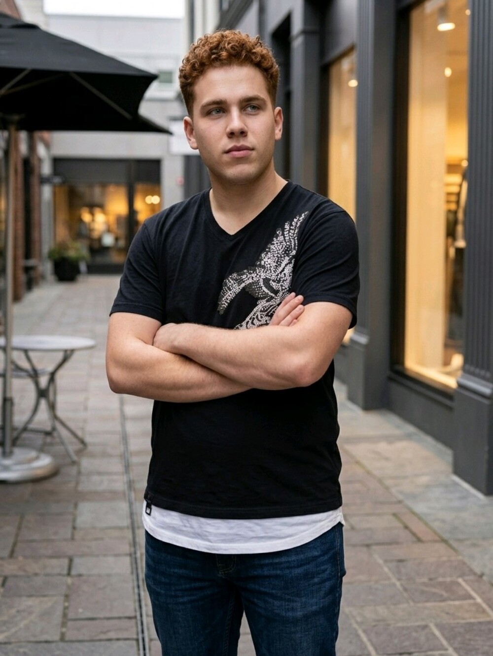 Ron Tomson Black V-Neck Tee with Silver Bird Graphic